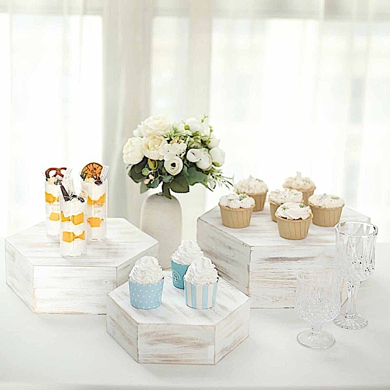 3 Whitewashed Wooden CAKE STAND Hexagonal Dessert Display Boxes Party Events