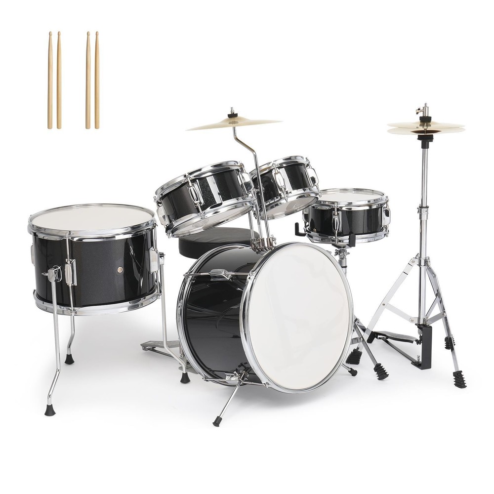 5-Piece Junior Starter Drum Kit with Cymbals, Hardware, Sticks, & Throne - Black