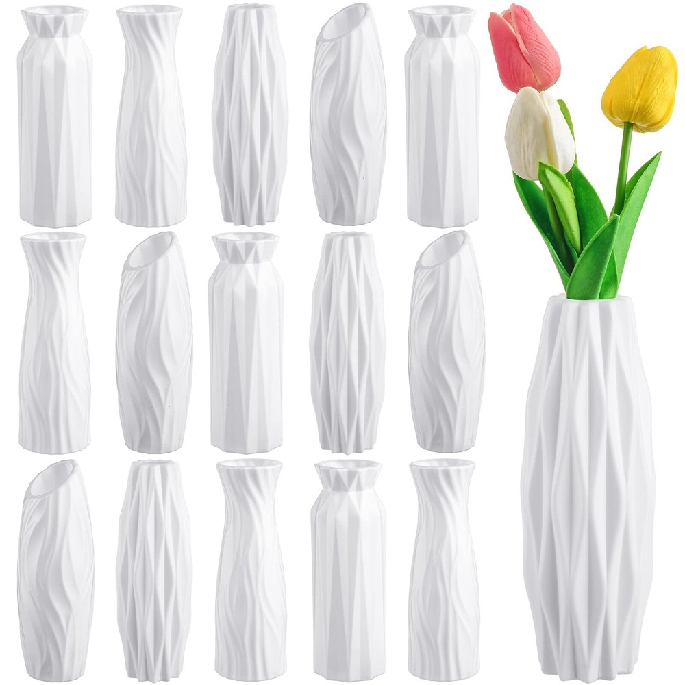 Hoolerry 16 Pcs White Polyethylene Flower Vase, Ceramic Look, Unbreakable, De...