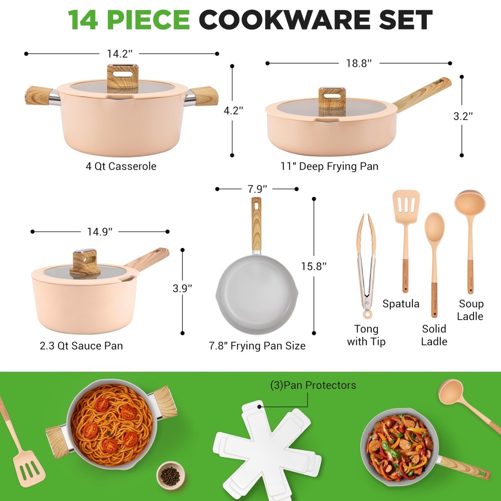 NutriChef 14-Piece Non-Stick Ceramic Cookware Set - (Pink)