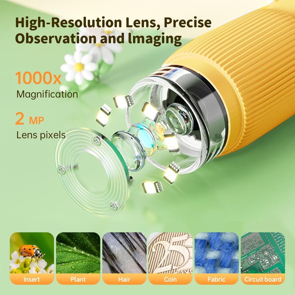 Kids Microscope Pocket Microscope, 2" IPS Screen 1000X Portable Microscope fo...