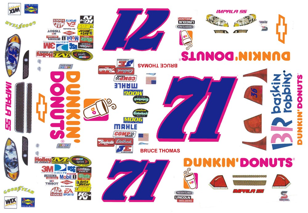 #71 Bruce Thomas Dunkin Donuts Chevy 1/18th Scale Waterslide Decal