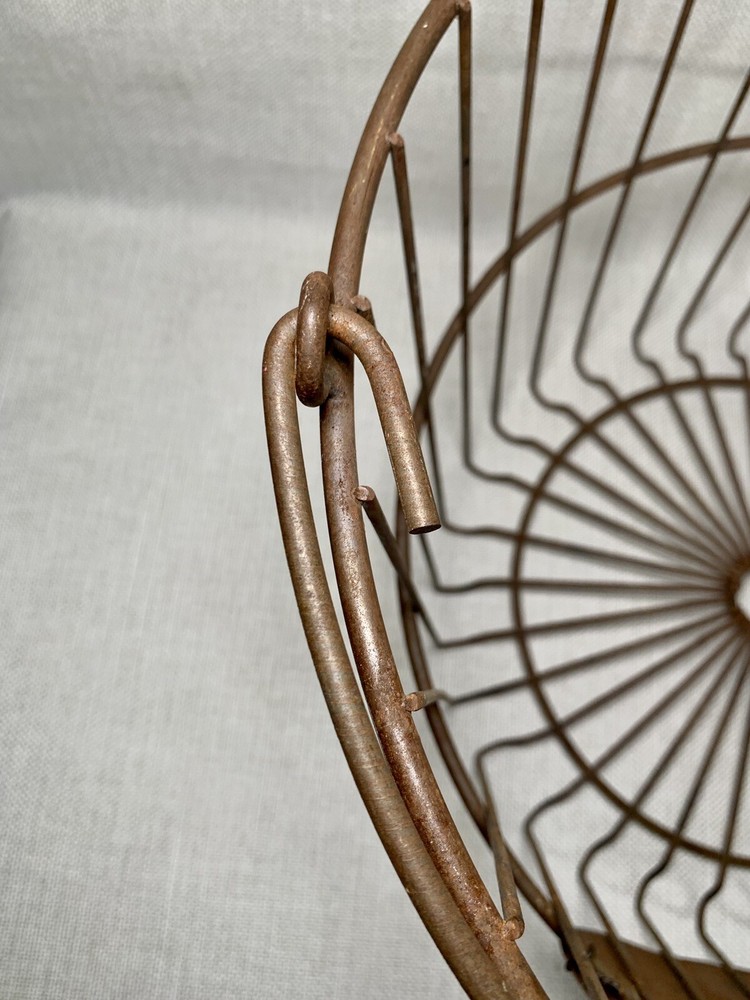 Large Round Primitive Rustic Egg Harvest Gathering Wire Basket With Bail Handle