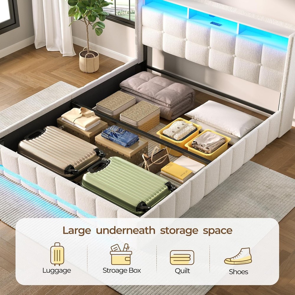 Full Size Lift Up Storage Bed Frame Charging LED Lights
