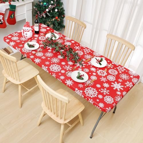 Rectangle Vinyl Tablecloth, Fitted 96" x 30" (Rectangular) Christmas Red