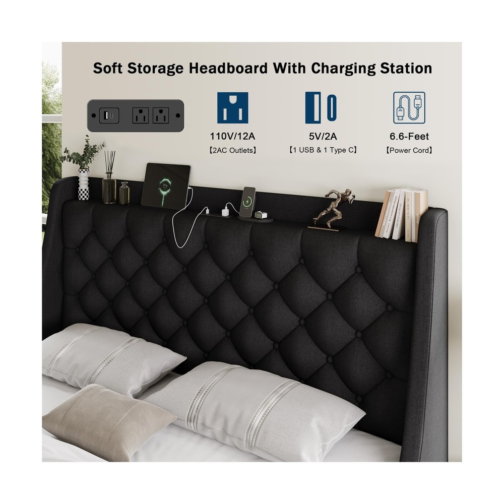 Queen Bed Frame with 4 Storage Drawers, Giant Upholstered Wingback Headboard,...