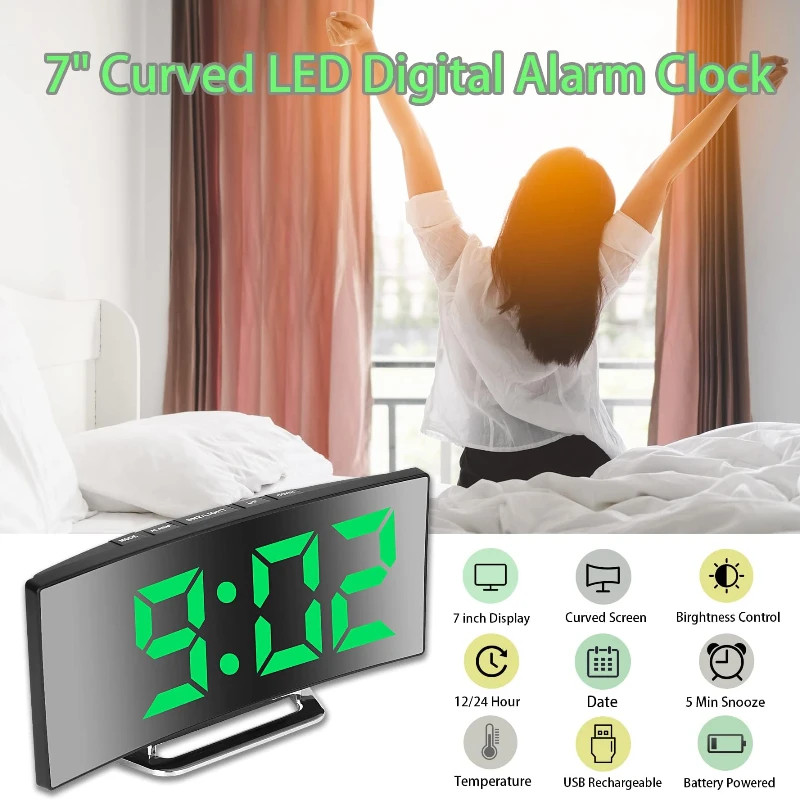Mirror Curved Screen Digital Alarm Clock, LED Creative Curved Electronic Clock,