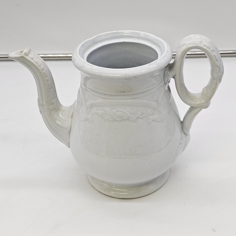 Early White Ironstone Teapot Molded Vine Like Scroll Relief Pattern