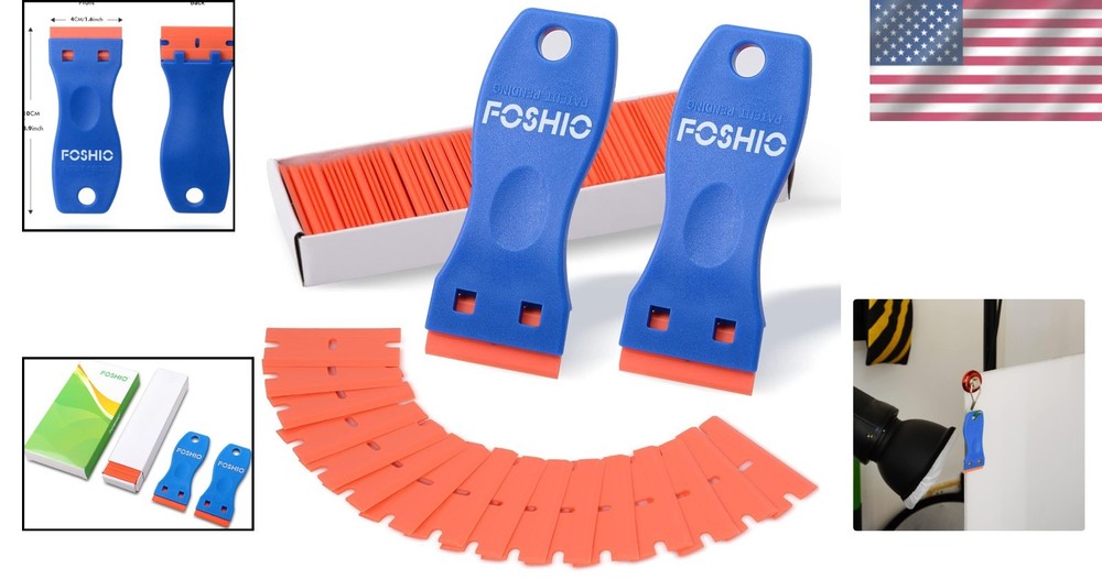 Plastic Razor Blade Scraper Set - 2PCS Tools & 100 Blades for Easy Adhesive R...