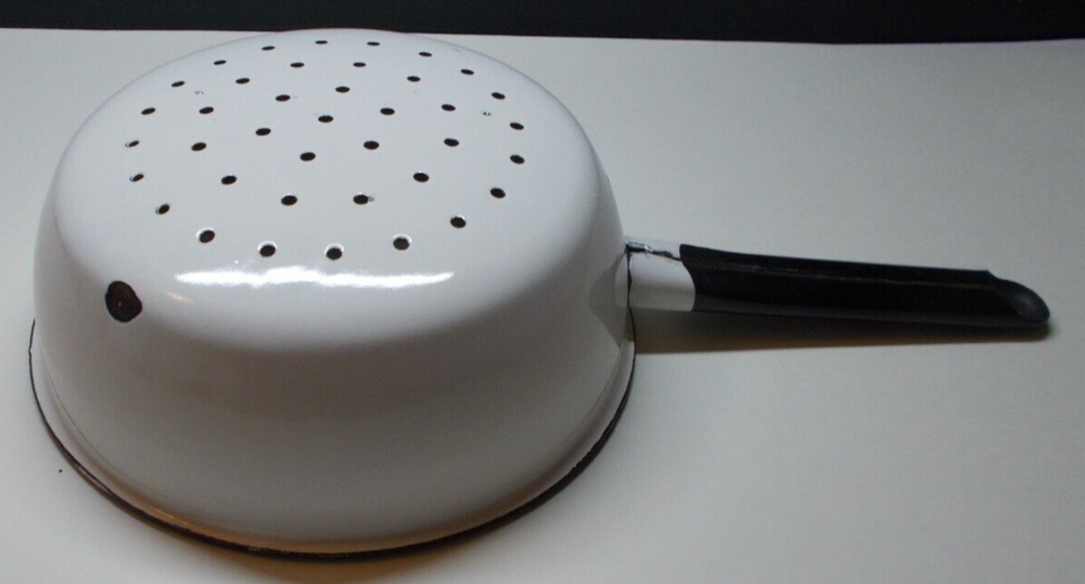 Vintage Russian Enamelware Strainer White with Black Trim