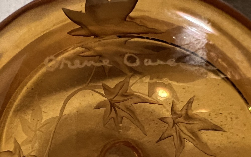 Art Glass Perfume Bottle Amber Etched Leaf Pattern Signed