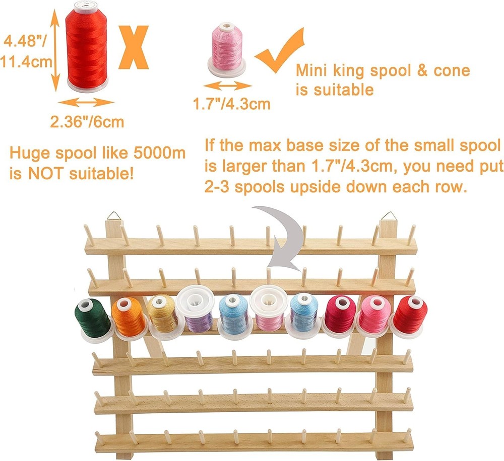 60 Spools + 12 Spools Wooden Thread Rack/Thread Holder Organizer with Hanging...