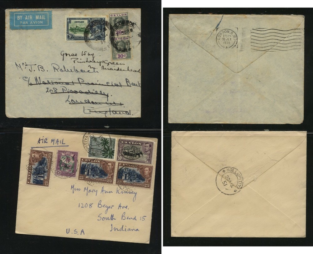 Ceylon   2  covers  to  England  and  US     MS0827