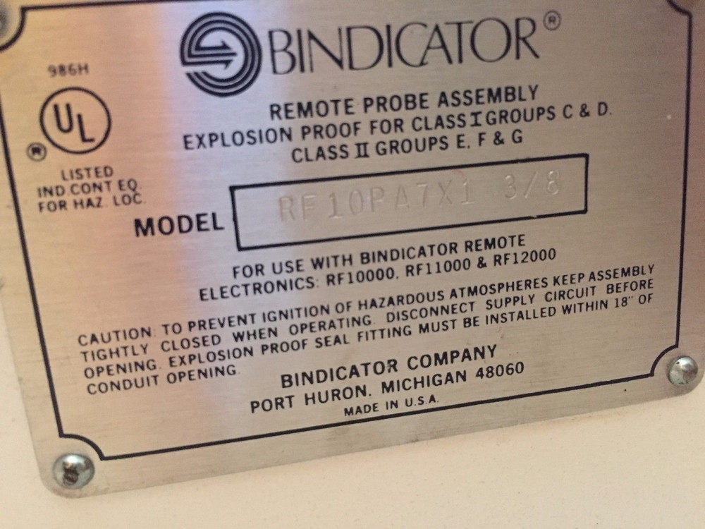 Bindicator Level Sensor, Flush Mount, Remote Probe Assembly, RF10PA7X1 3/8