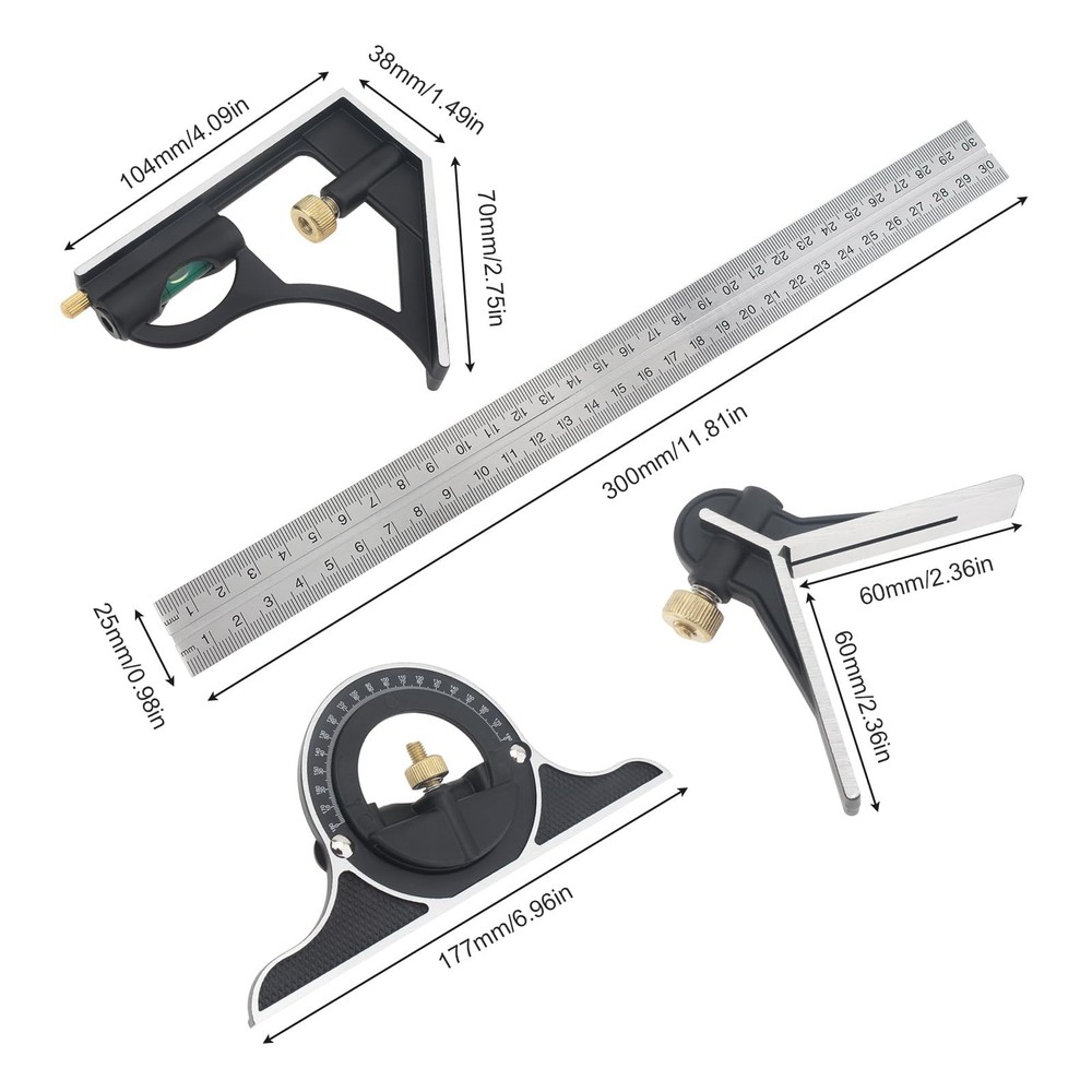 12" Adjustable Sliding Combination Square Ruler & Protractor Level Measure Me...