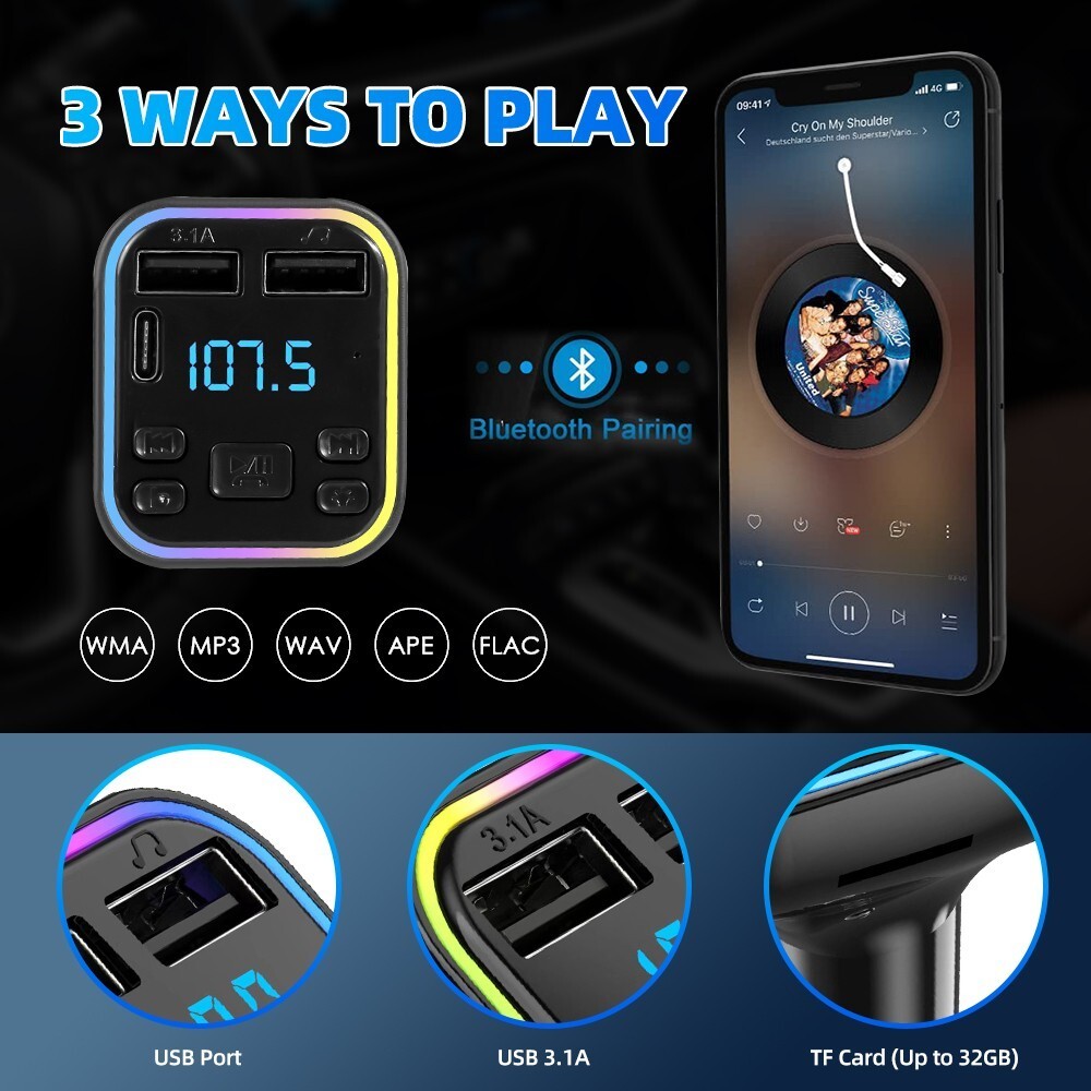 Wireless 5.0 Bluetooth FM Transmitter MP3 / USB / TYPE - C / PD Charger Adapter