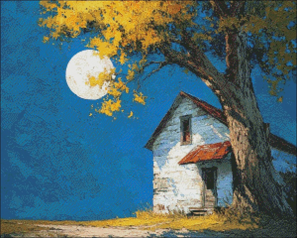 Farmhouse in Blue Twilight Chart Counted Cross Stitch Patterns Needlework DMC