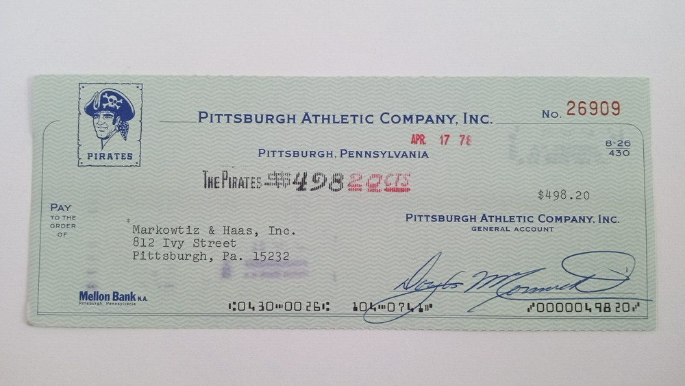 Markowtiz & Haas, Inc.: 1978 Pittsburgh Pirates Expense Check
