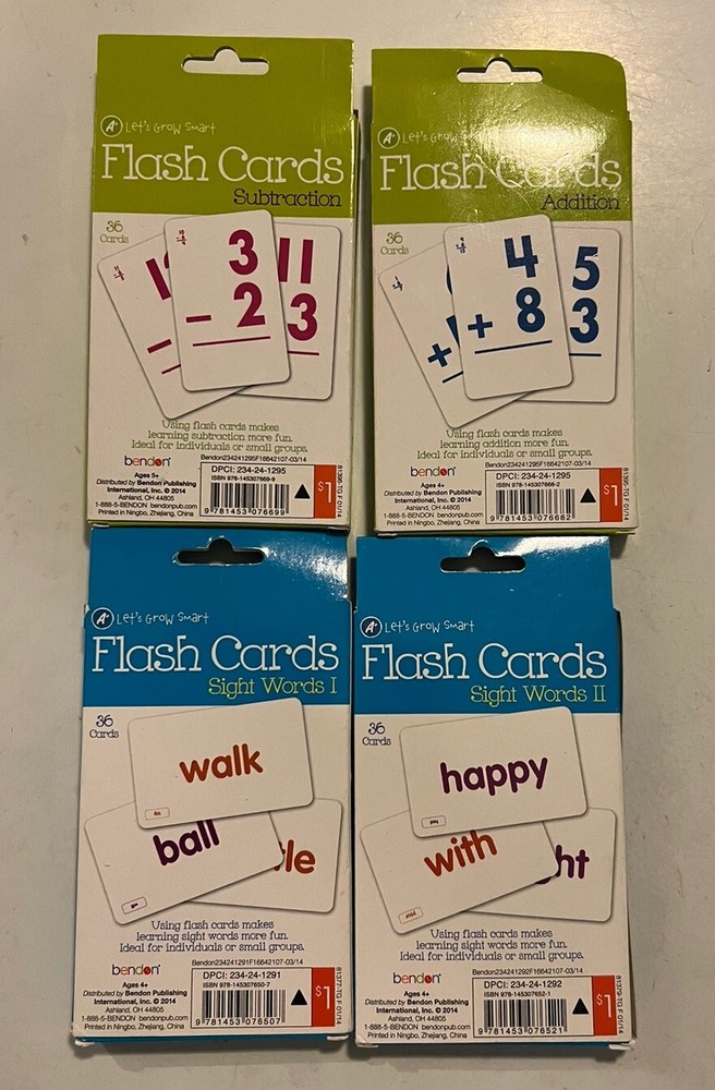 4 Sets Let’s Grow Smart Flash Cards 36 pack Addition Subtraction Slight Words