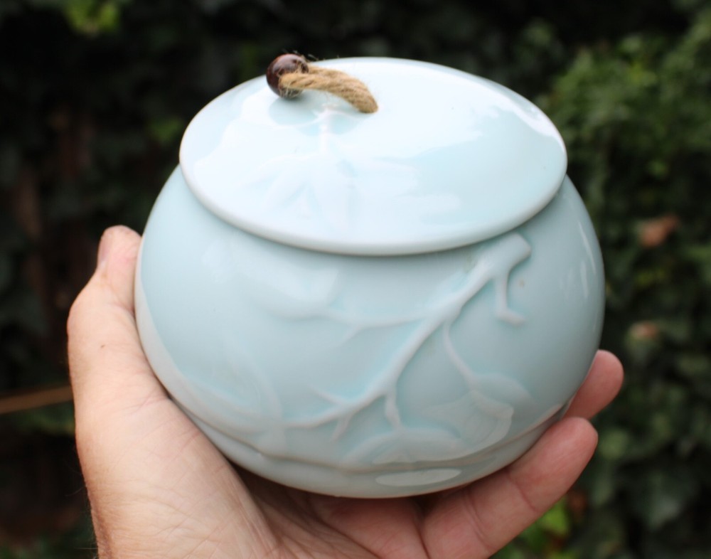 Ceramic Light Blue Pet Urn with Embossed Vines