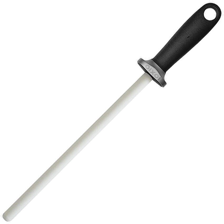 IOXIO White Knife Sharpener Ceramic Rod 10" Black Synthetic Handle Keyring.