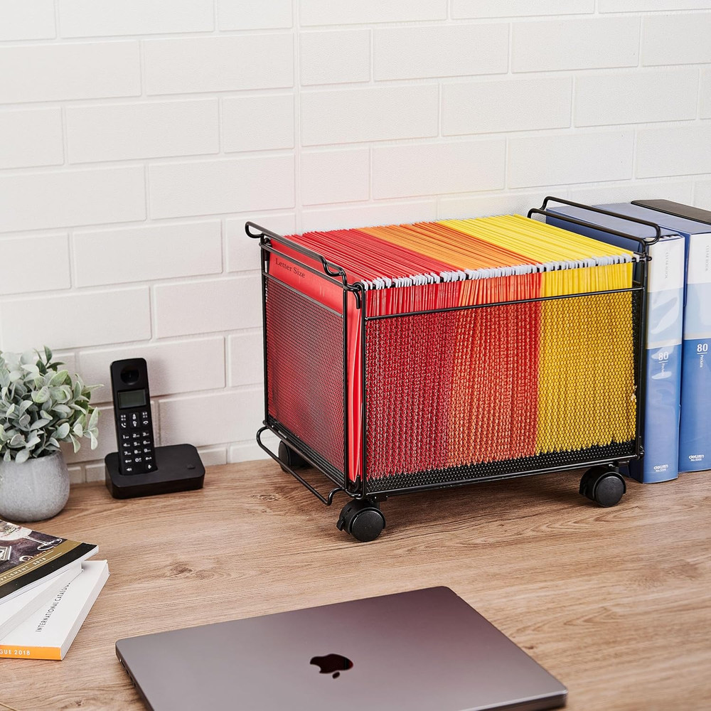 Presa Rolling Collapsible Stackable File Storage Organizer Basket, Set of 2, Bla