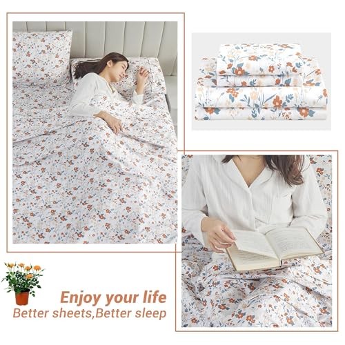 Floral Sheet Set Printed Bed Sheets - 4 Piece Soft Queen Orange Flower