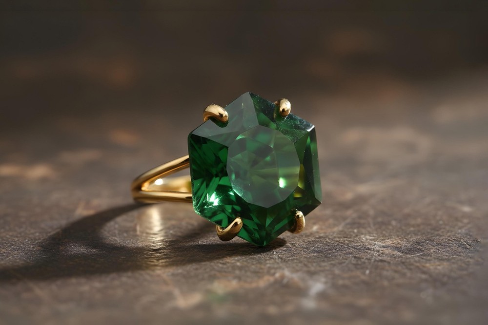 Sterling Silver Emerald Ring Hexagon Cut 16mm May Birthstone Gift