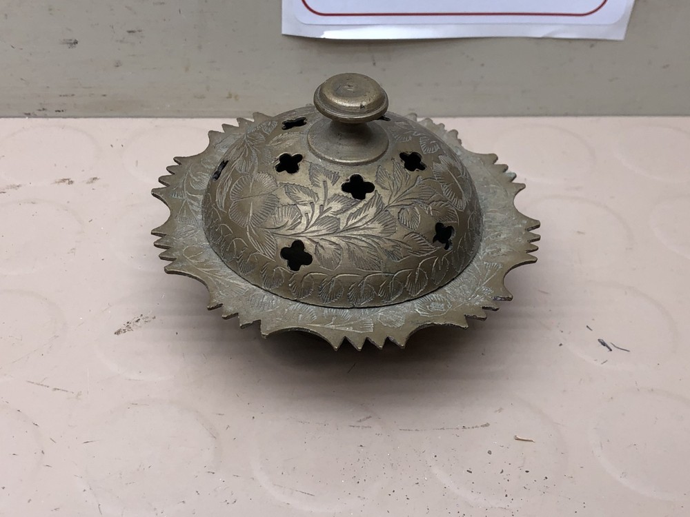 Vintage Solid Brass Incense Burner Small Marked INDIA Round W/ Etching