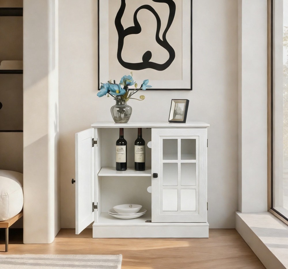 Storage sideboard cabinet with 2 decorative acrylic mirrored doors, adjustable