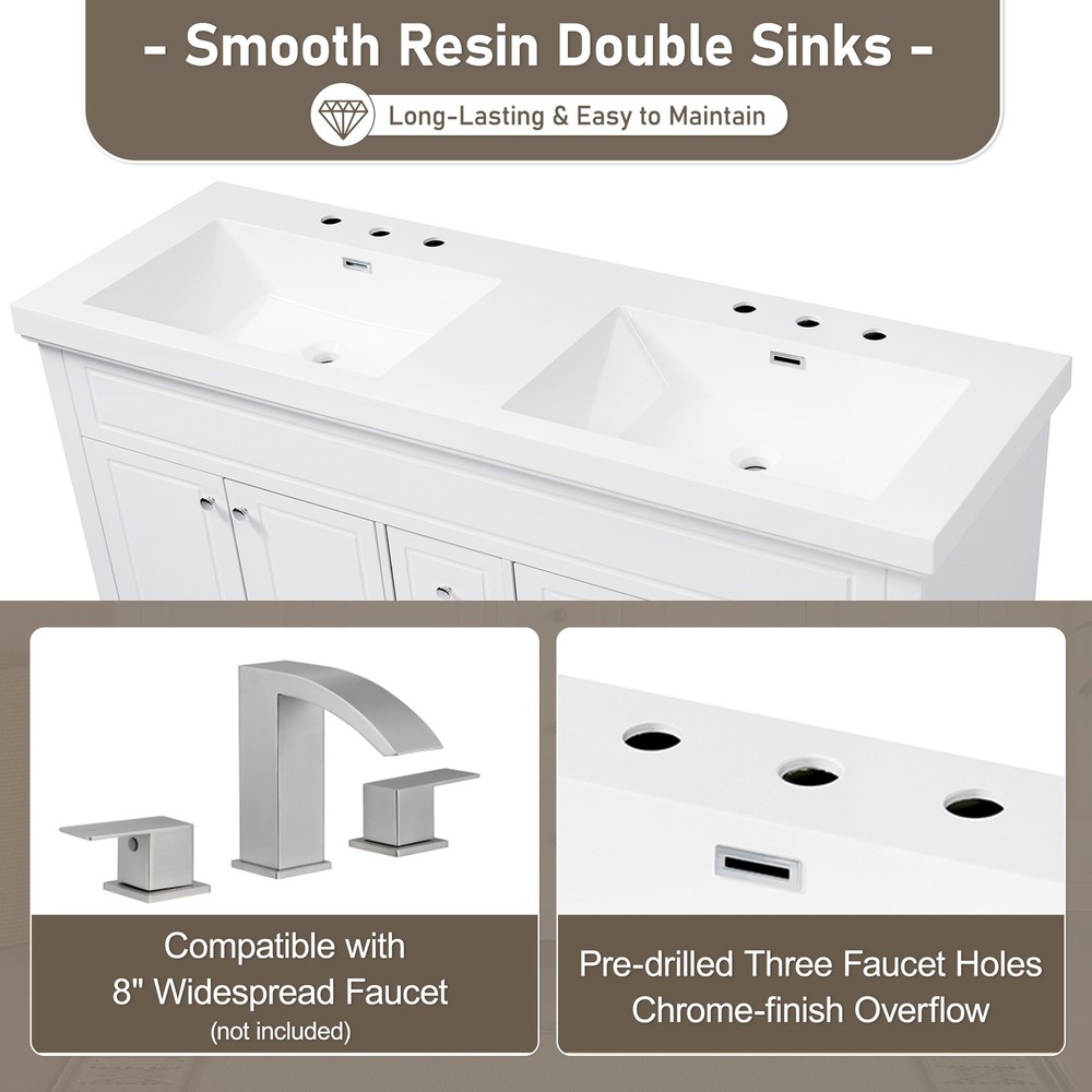 60" Resin Basin for Bathroom Vanity, with Undermount Rectangular Double Sinks, 8