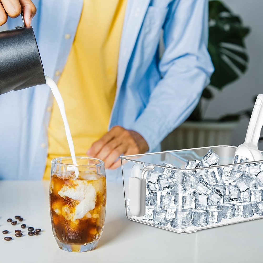 2 Set Ice Storage Bin & Flexible Scoop Set Plastic Freezer Bin W/ Pull out