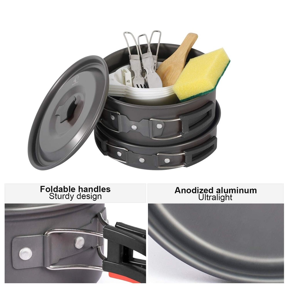 19 PCS Camping Cookware Set Mess Kit Lightweight Stackable Pot Pan Utensils