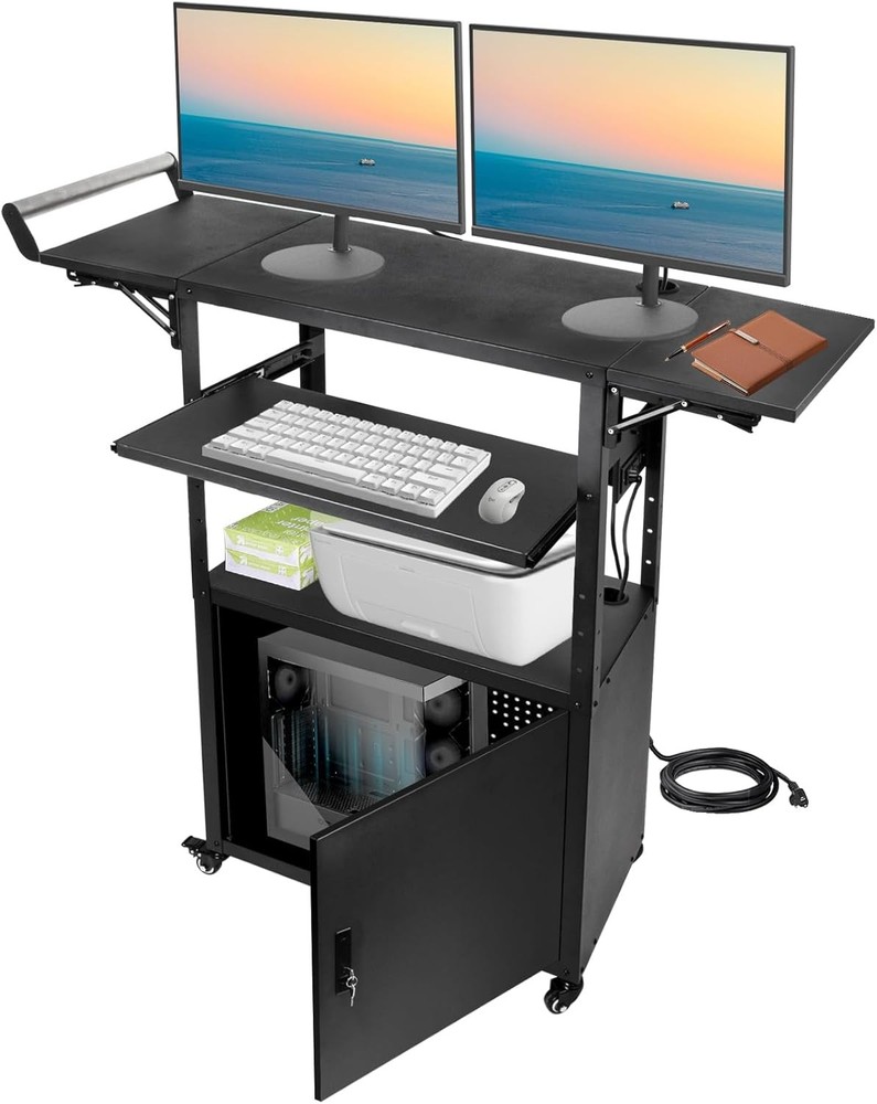 Mobile AV Cart with Locking Cabinet Pullout Keyboard Tray