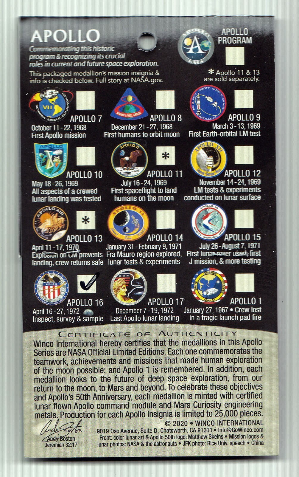 APOLLO-16 - 50th Anniversary - LUNAR FLOWN METAL - NASA MEDALLION - COA -MINT