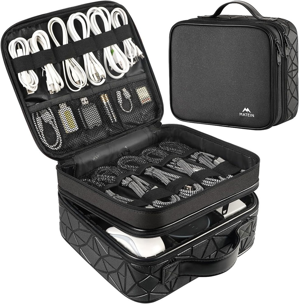 Waterproof Cable Organizer Bag, Double Layer Tech Storage with Adjustable