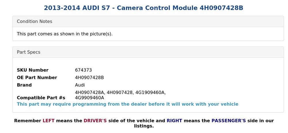 2013-2014 AUDI S7 - Camera Control Module 4H0907428B