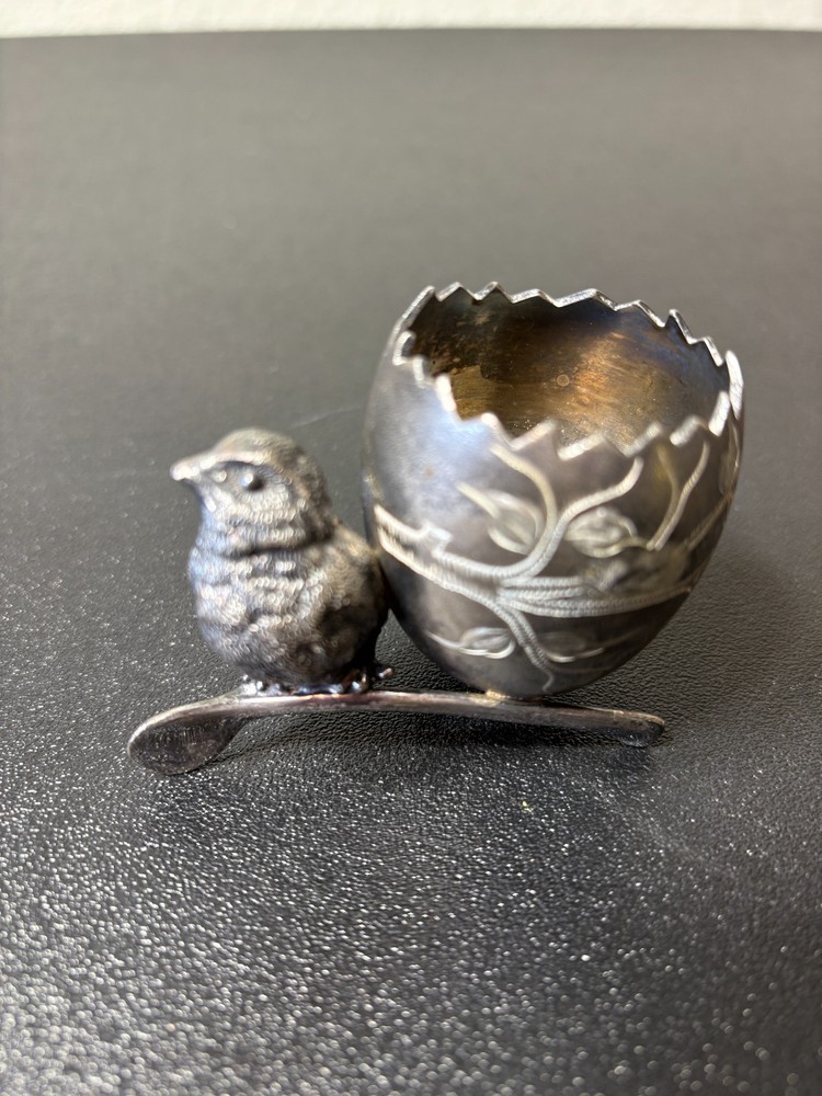 Antique Silver Plate Egg Cup With Bird & Wishbone