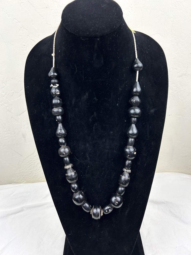 Ancient Bactrian Black Banded Agate and Jet Bead Necklace