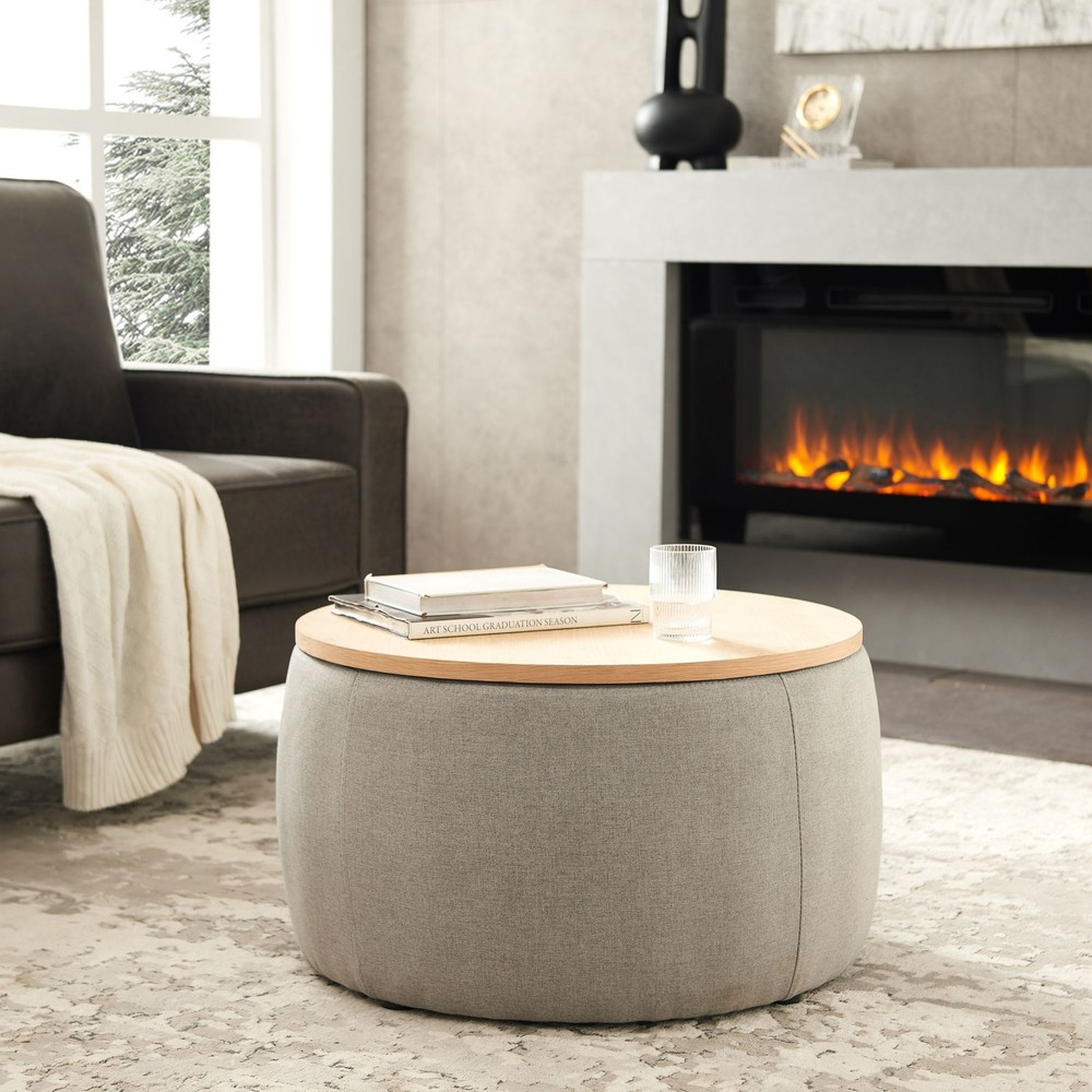 Round Ottoman; 2 in 1 Function with storage - wood & grey