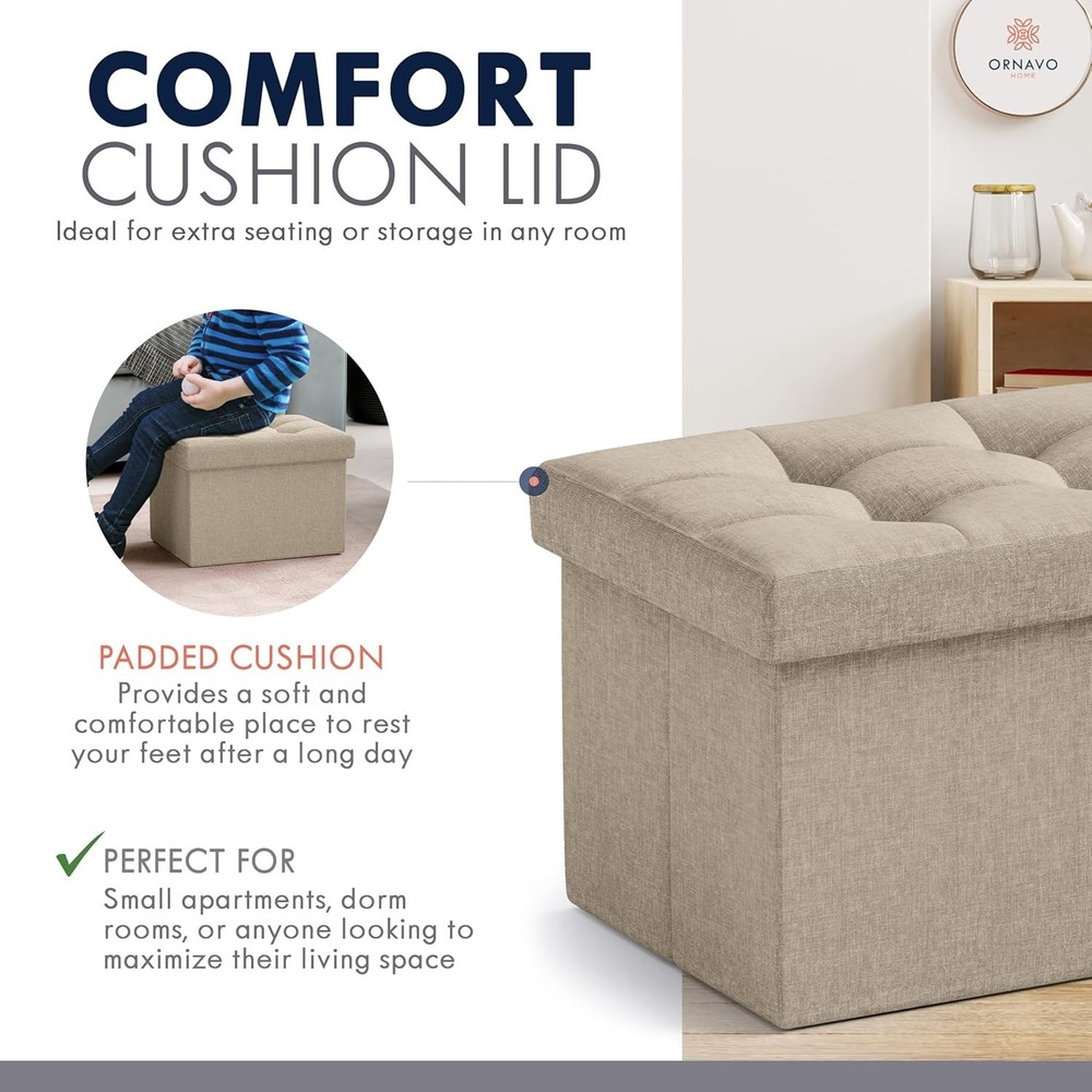 Small Storage Ottoman Foldable Collapsible Rectangle Linen Ottoman Foot Rest