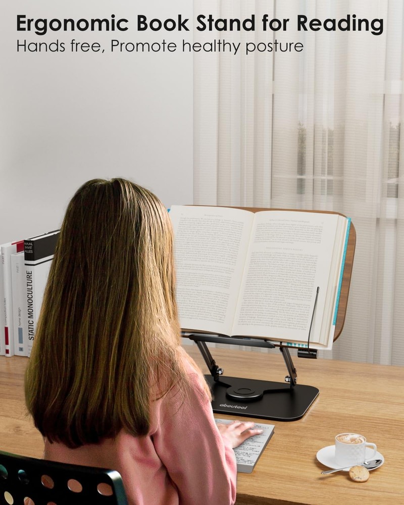 Book Stand for Reading Adjustable Holder with 360° Swivel Base & Page Clips