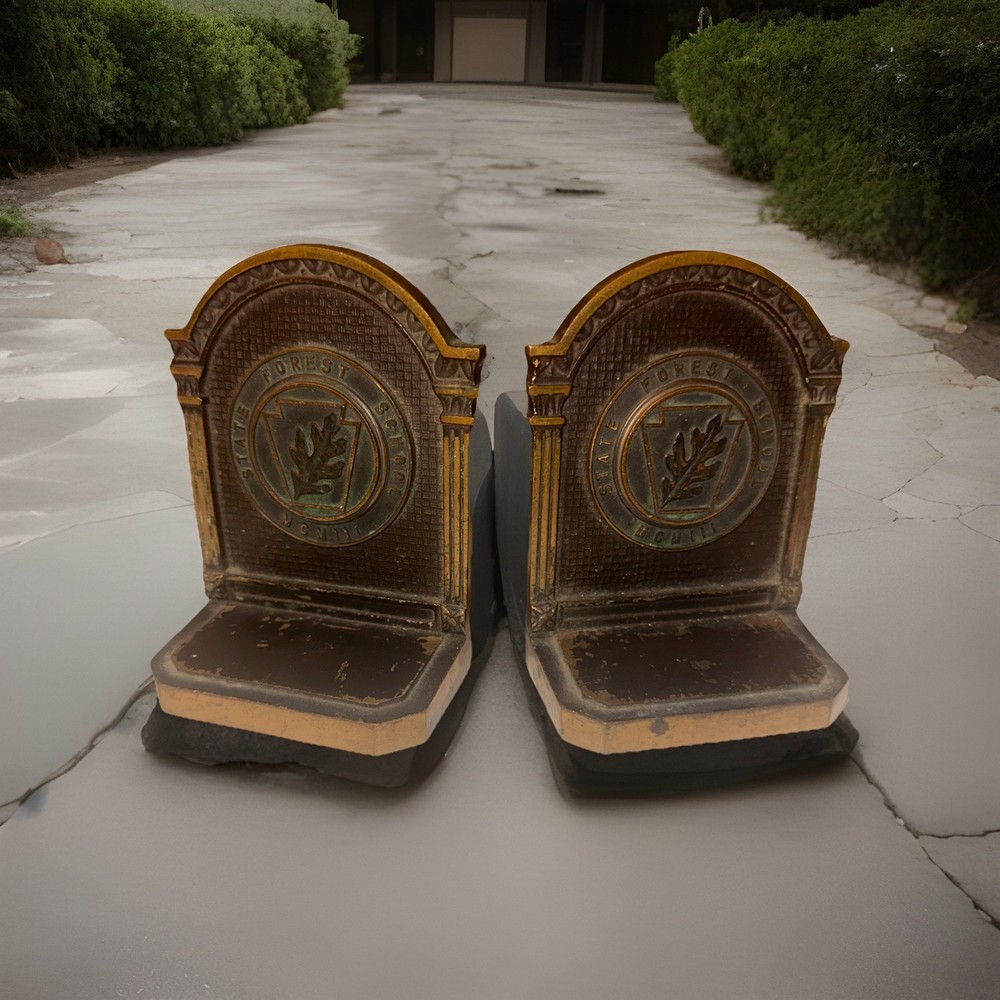 Vintage CS&CO State Forest School MCMIII Bookends Solid Bronze Medallion
