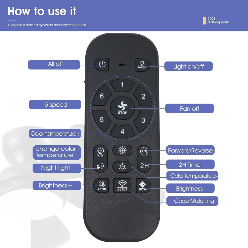 Kviflon Ceiling Fan with Light Low Profile Reversible DC Dimmable LED Remote APP