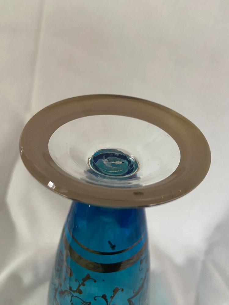 Vintage Blue Glass Vase with Applied Silver
