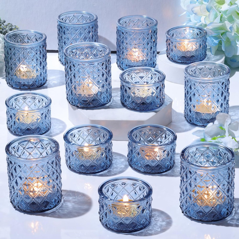 36 Pack Blue Votive Candle Holders, Assorted Glass Candle Holders for Table C...