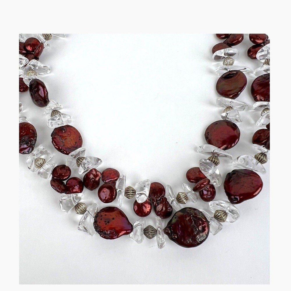 Artisan Beaded Boho Necklace Double Strand Quartz Dyed Red Shell Statement