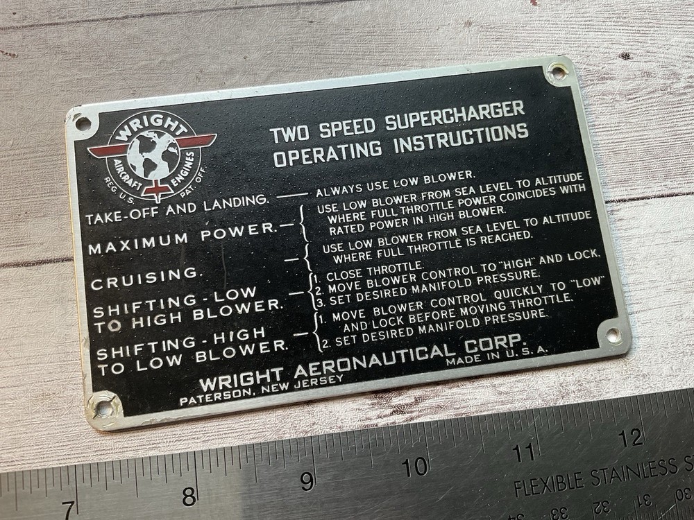 ORIG VINTAGE WRIGHT 2 SPEED SUPERCHARGER INSTRUCTIONS AIRCRAFT DATA NAME PLATE