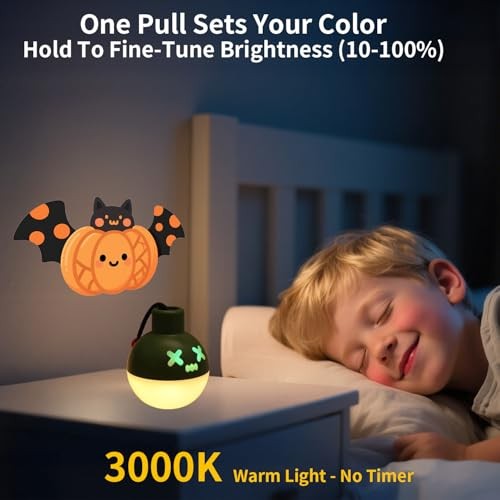Pull-String Cute Night Light, 7 Color Changing, 30-Min Auto Off, USB-C Green