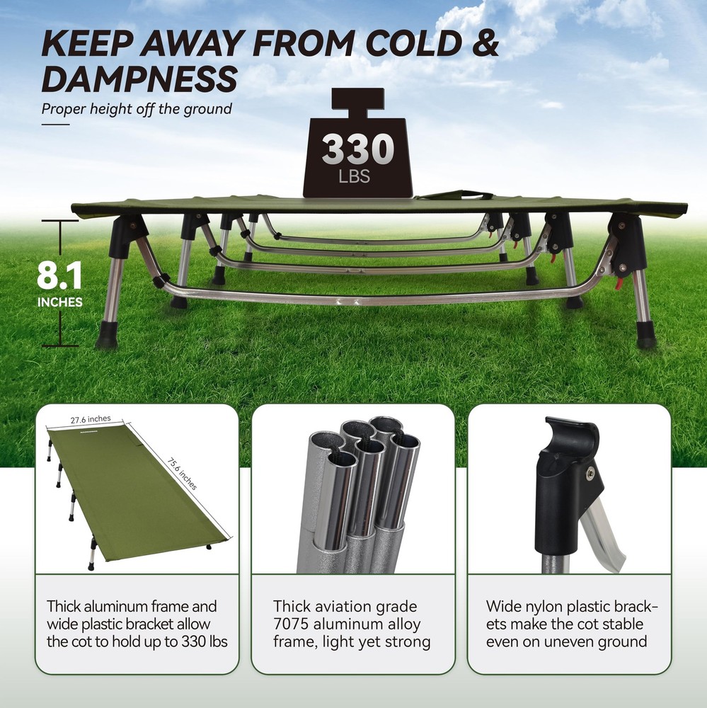 Portable Folding Camping Cot Bed: Lightweight, Compact, 330Lbs Support, Green